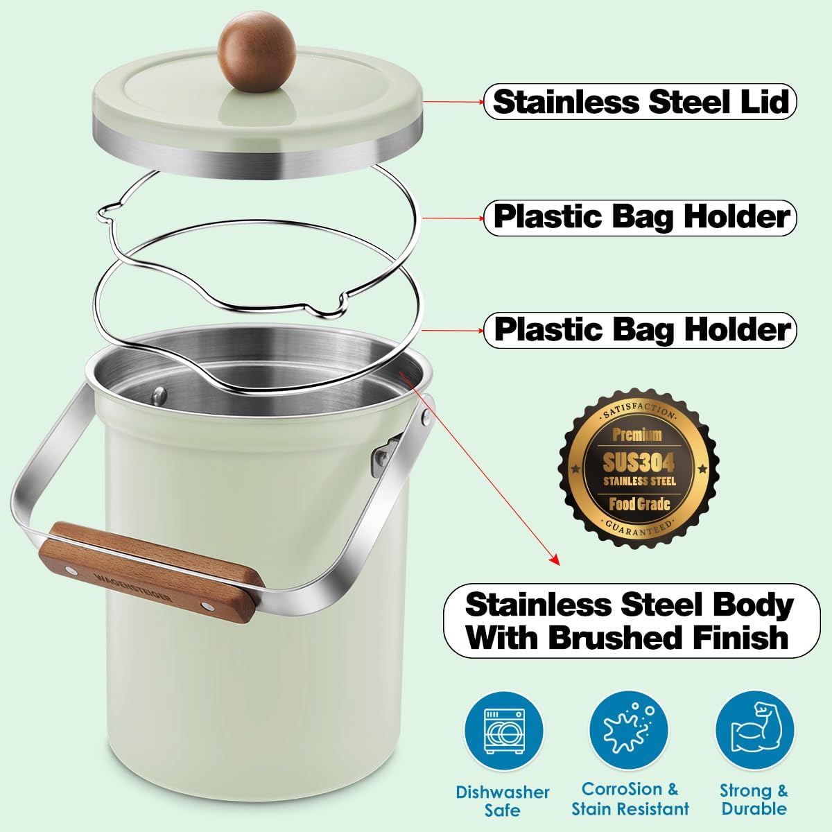 Kitchen Countertop Compost Bin 101Ounces / 3Liter with Airtight Lid, SUS304 Stainless Steel Odor-Free Food Waste Bin with Wooden Handle Stylish Design/Bathroon Trash Can (Mint Green)
