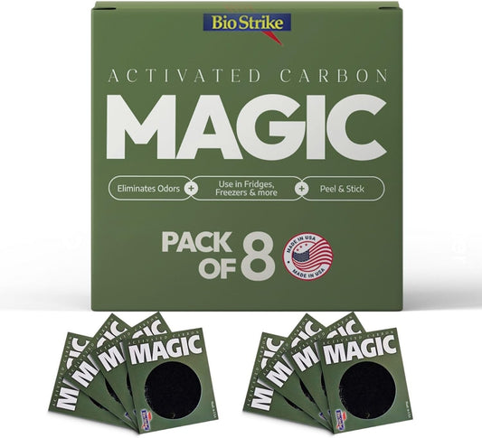 BioStrike Odor Magic - Activated Charcoal Odor Absorber Pads - Kitchen Odor Remover - Easy Peel & Stick Design - All Natural Filters for Trash Cans, Fridges & Small Spaces - Made in USA (8 Pack)