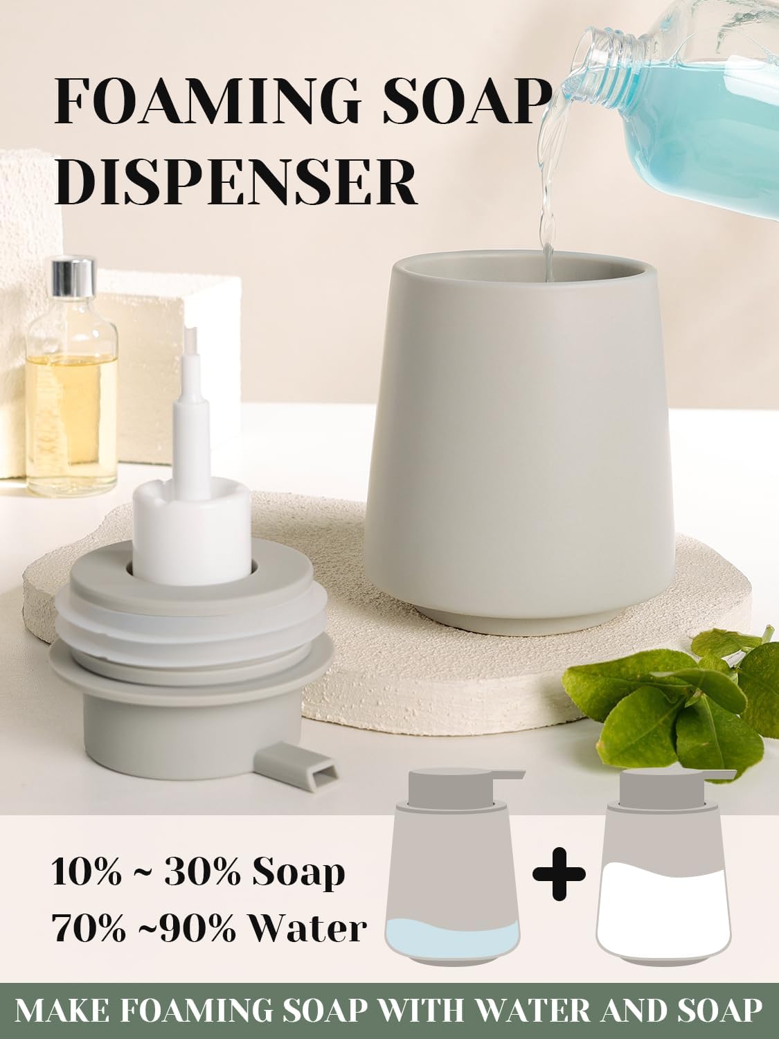 INGOFIN Ceramic Foaming Soap Dispenser -14 oz Foam Hand Soap Dispenser Bathroom, Modern Refillable Dish Wash Bottle for Kitchen with Large Pump, Matte Grey