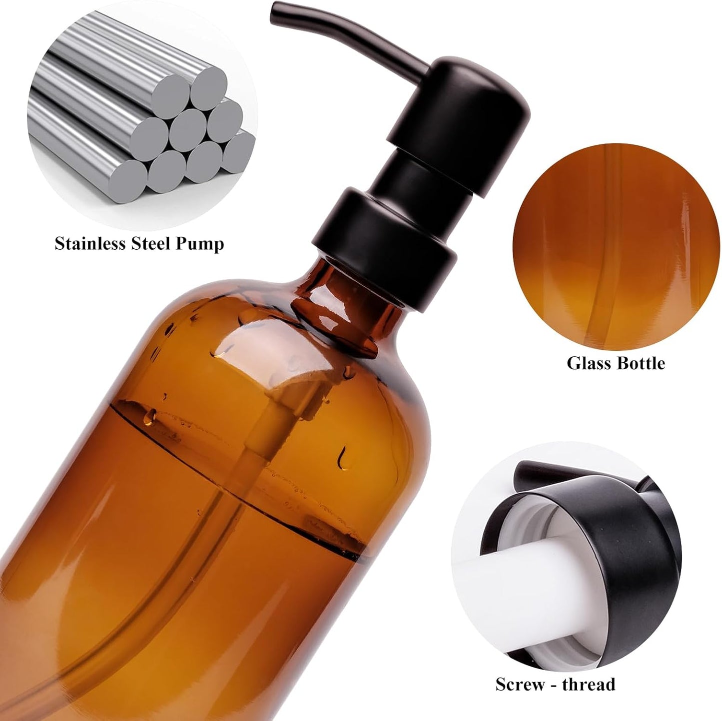 Amber Glass Soap Dispenser, 2 Pack Bathroom Kitchen Soap Dispenser Set with Stainless Steel Pump, 16 oz Dish Soap Hand Soap Dispensers