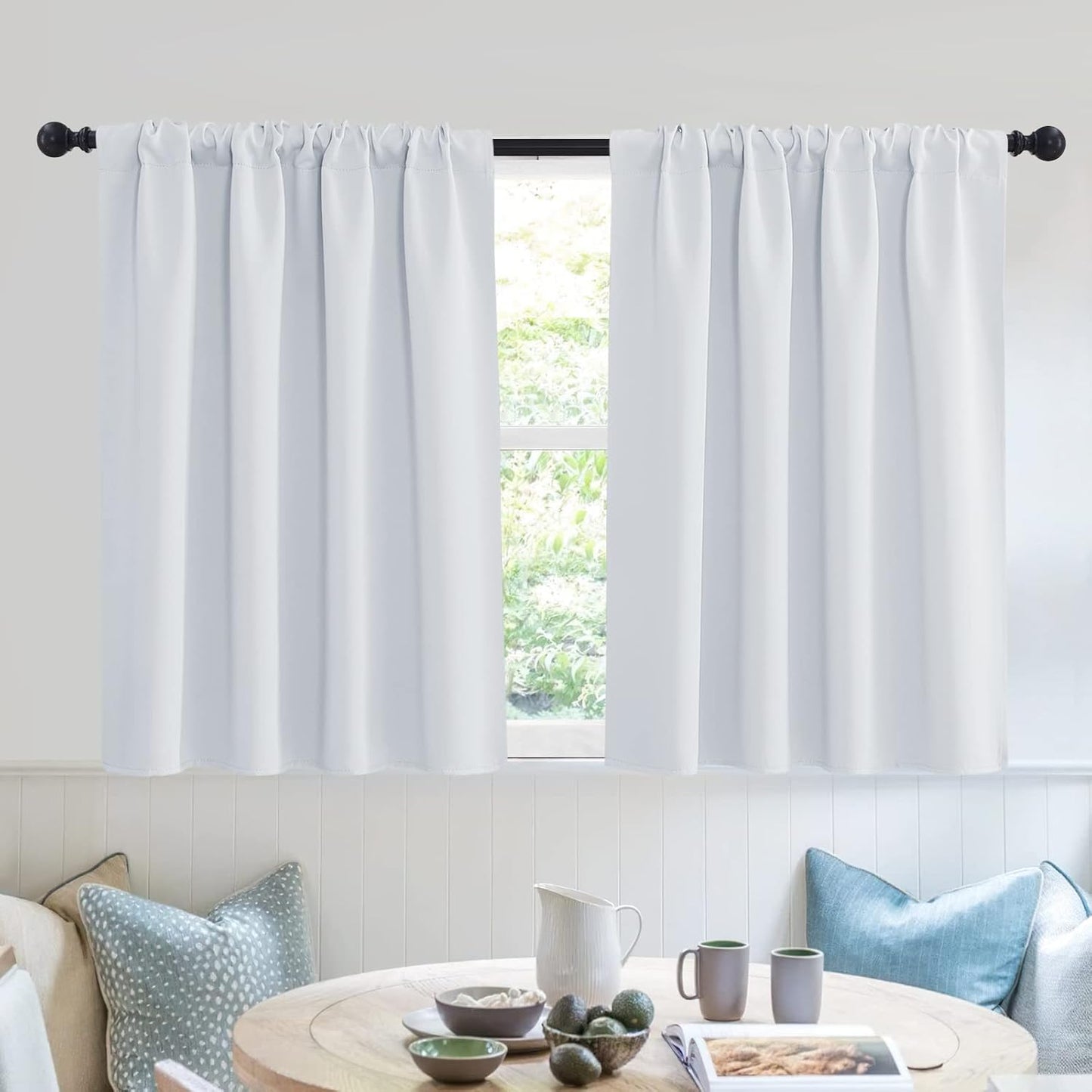 RYB HOME White Curtains 36 inches Long Room Darkening Curtains Thermal Insulated Sunlight Block for Kitchen Cabinet Bedroom Bathroom Window Covering, W 52 x L 36, Grayish White, 2 Panels