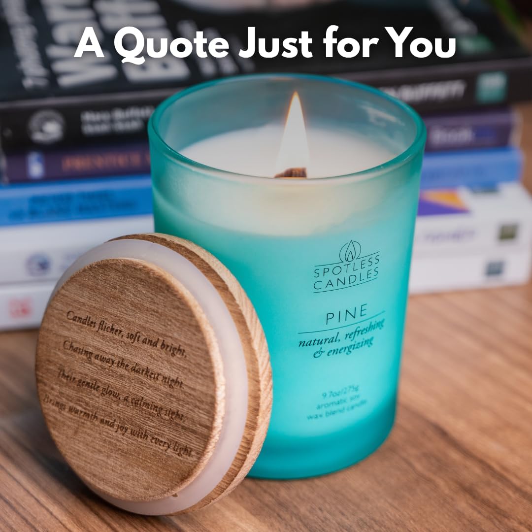 Pine Candle - 9.7 oz /275g 45-55 Hours Burn Time in Green Frosted Glass Jar with Wooden Lid and Wooden Crackling Wick in Luxurious Gift Box - Natural, Refreshing and Energising