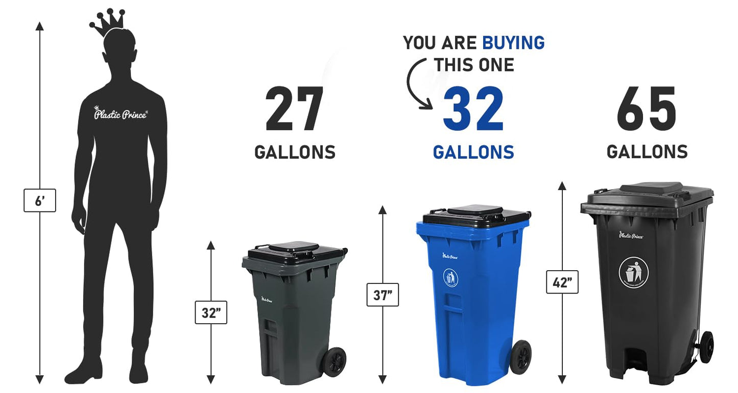 32 Gallon Trash Can Outdoor Recycling Bin with Lid and Wheels Heavy Duty Rolling Garbage Can with Lid Blue Recycle Bin with Wheels for Warehouses Hospitals Restaurants, Pack of 2
