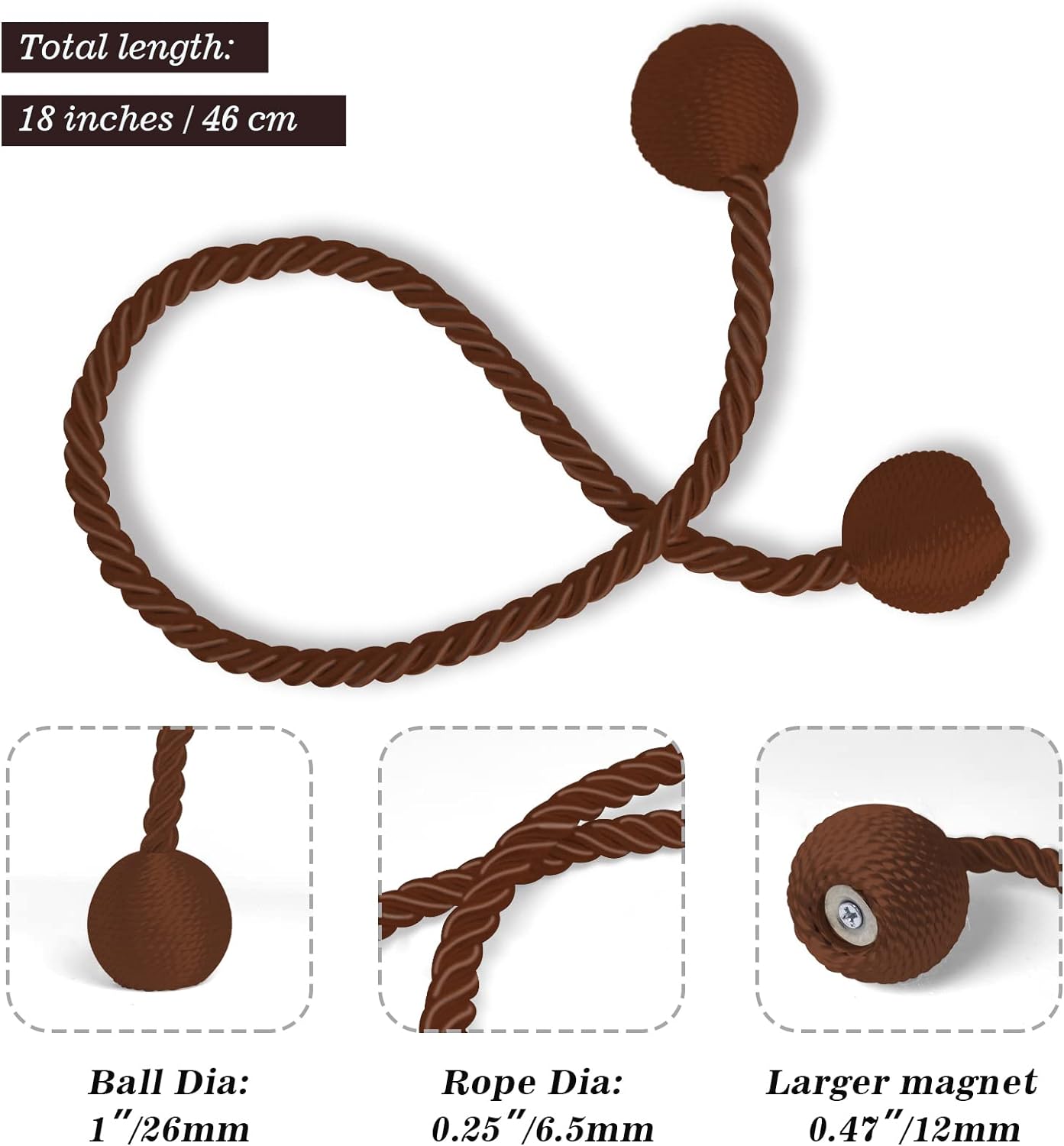 Hion Magnetic Curtain Tiebacks Dark Brown 4 Pack, Curtain Tiebacks Buckles Holdbacks Holders Hooks Clip for Home Bedroom Office Decorative Thick or Thin Curtain