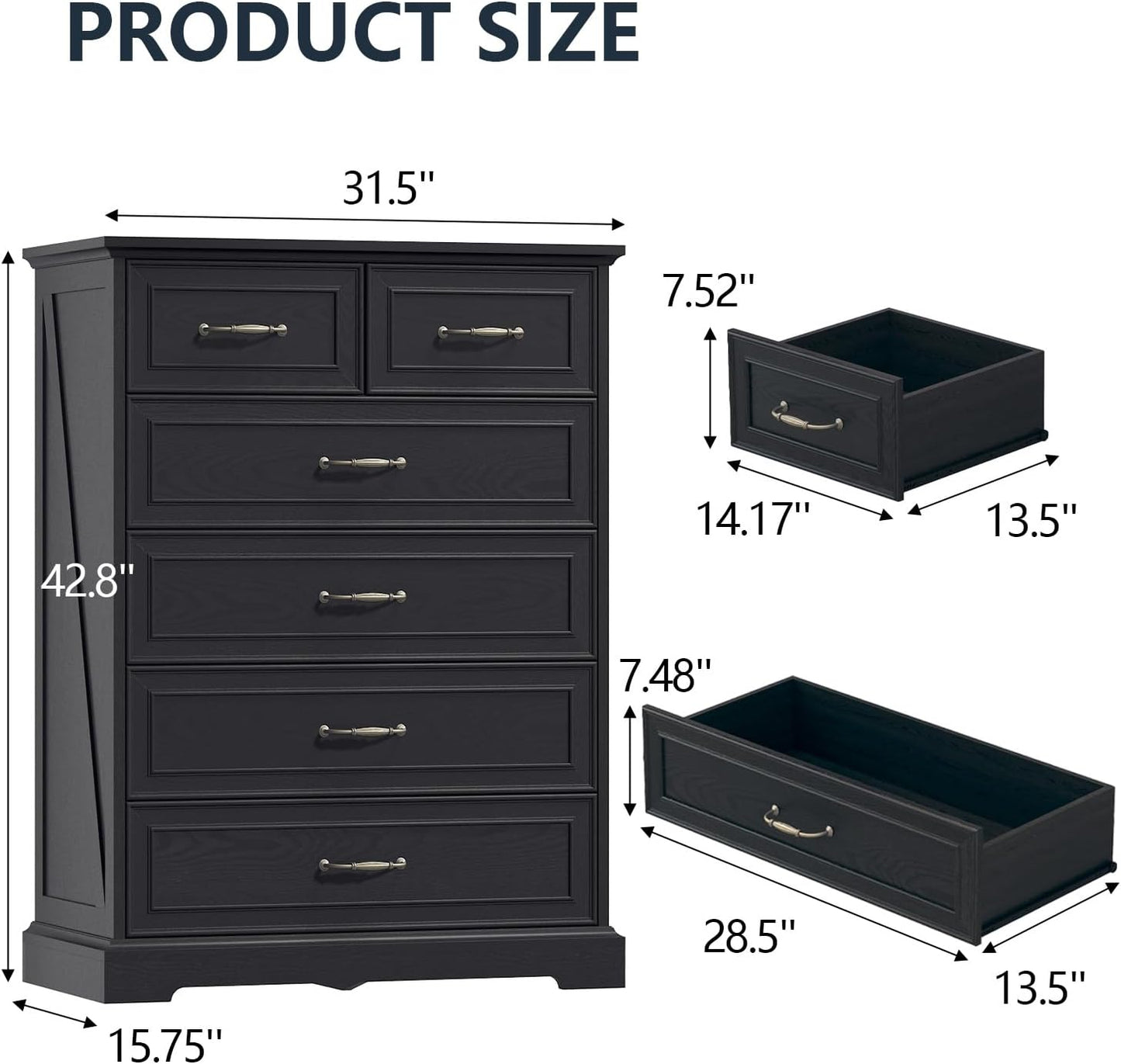 6 Drawer Dresser for Bedroom, 43" Tall Wooden Chest of Drawers, Rustic Farmhouse Dresser with Large Drawers & Metal Handles, Modern Storage Organizer for Closet, Living Room, Hallway, Black