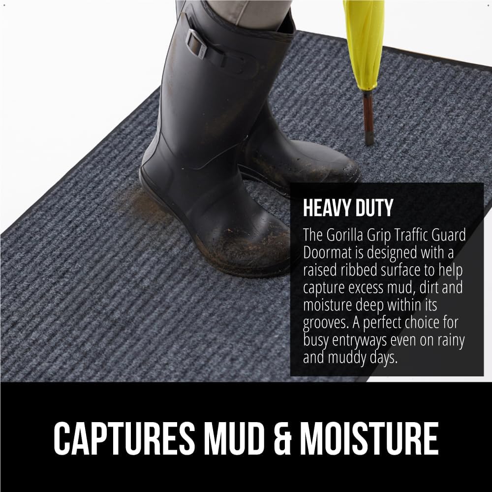 GORILLA GRIP Traffic Guard Door Mat, 47x35, Heavy Duty Welcome Mats, Commercial Office Space Doormat, Waterproof, Fade Resistant, Strong Rubber Backing, Low Profile, Shoe and Boot Scraper, Gray