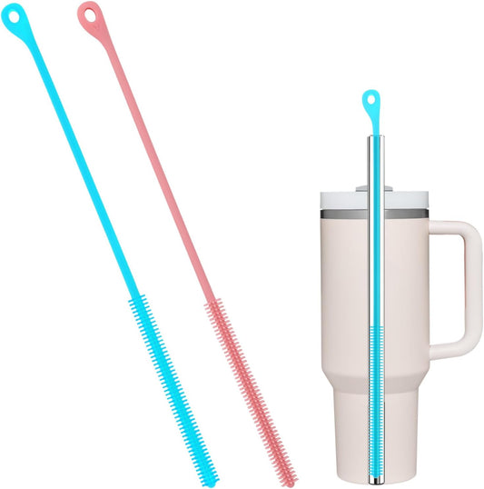 2pcs Silicone Straw Cleaner Brush, 9.44in Extra Long Reusable Straw Brush for Stanley, Metal, Glass Straws, Bendable Travel Drinking Bottle Lid Cleaning Tool for Crevice Pipe Tube (Pink, Blue)