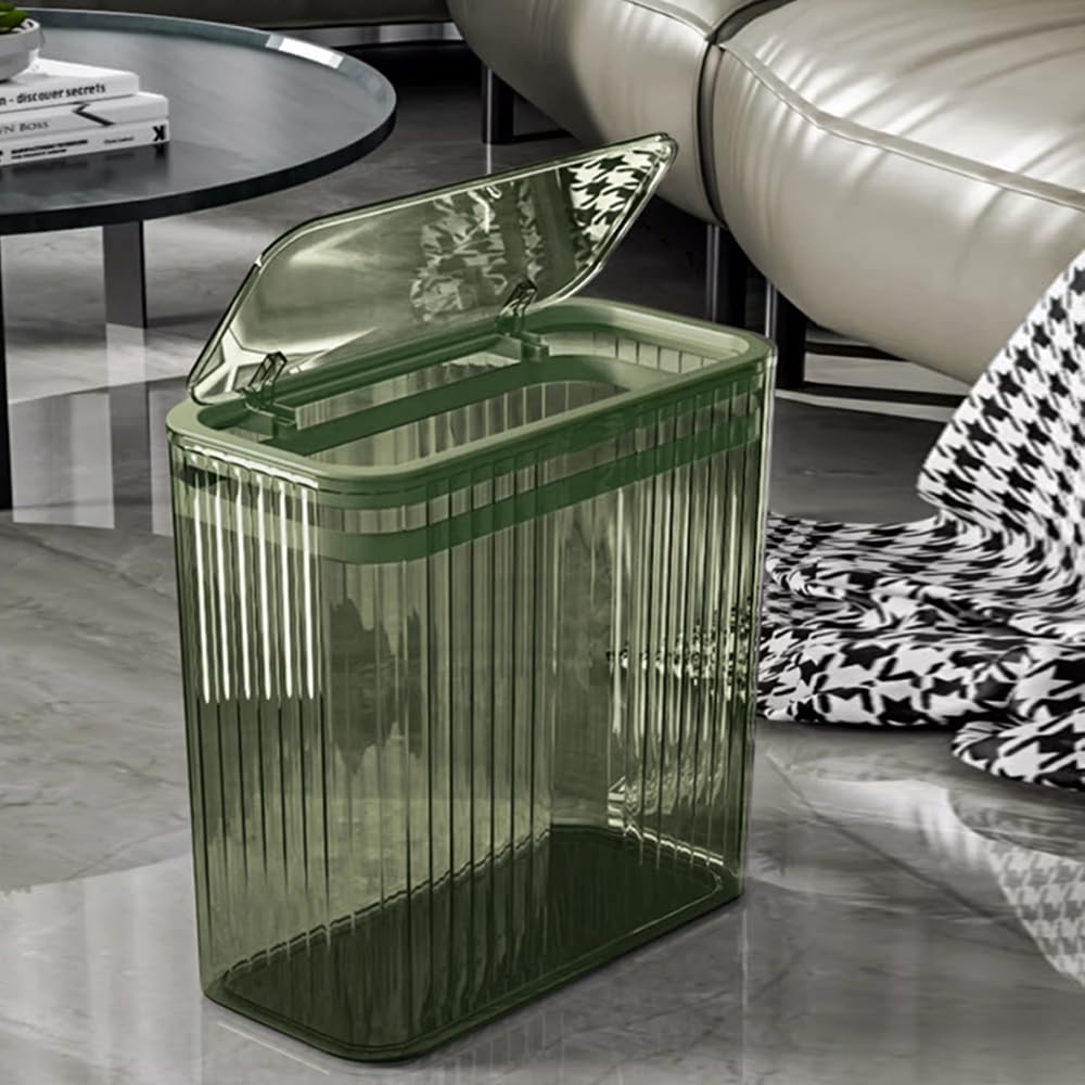 Transparent Trash Can, Bathroom Trash Cans with Lids, 3.5 Gallon Garbage Can for Bedroom, Office, Plastic Slim Waste Basket with Press Top Lid, 15L Clear Trash Bin for Home, Kitchen (Green)
