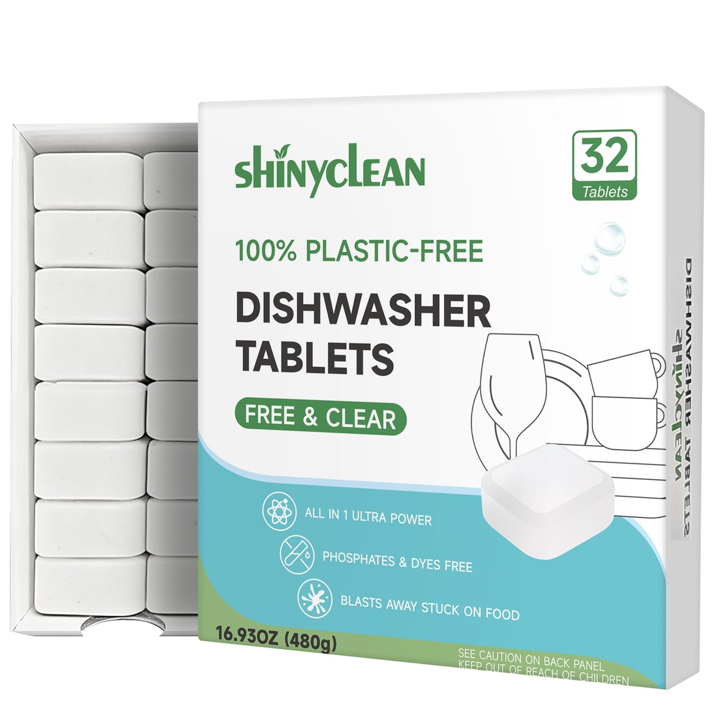 Shinyclean 100% Plastic-Free Dishwasher Tablets, Free & Clear, 32 Count