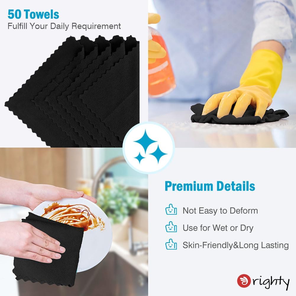 Orighty Black Microfiber Cleaning Cloth, 50 Pack Highly Absorbent Cleaning Supplies, Lint Free Kitchen Towels Cleaning Rags, Microfiber Towels for Cars, House, Window, 12x12 inch