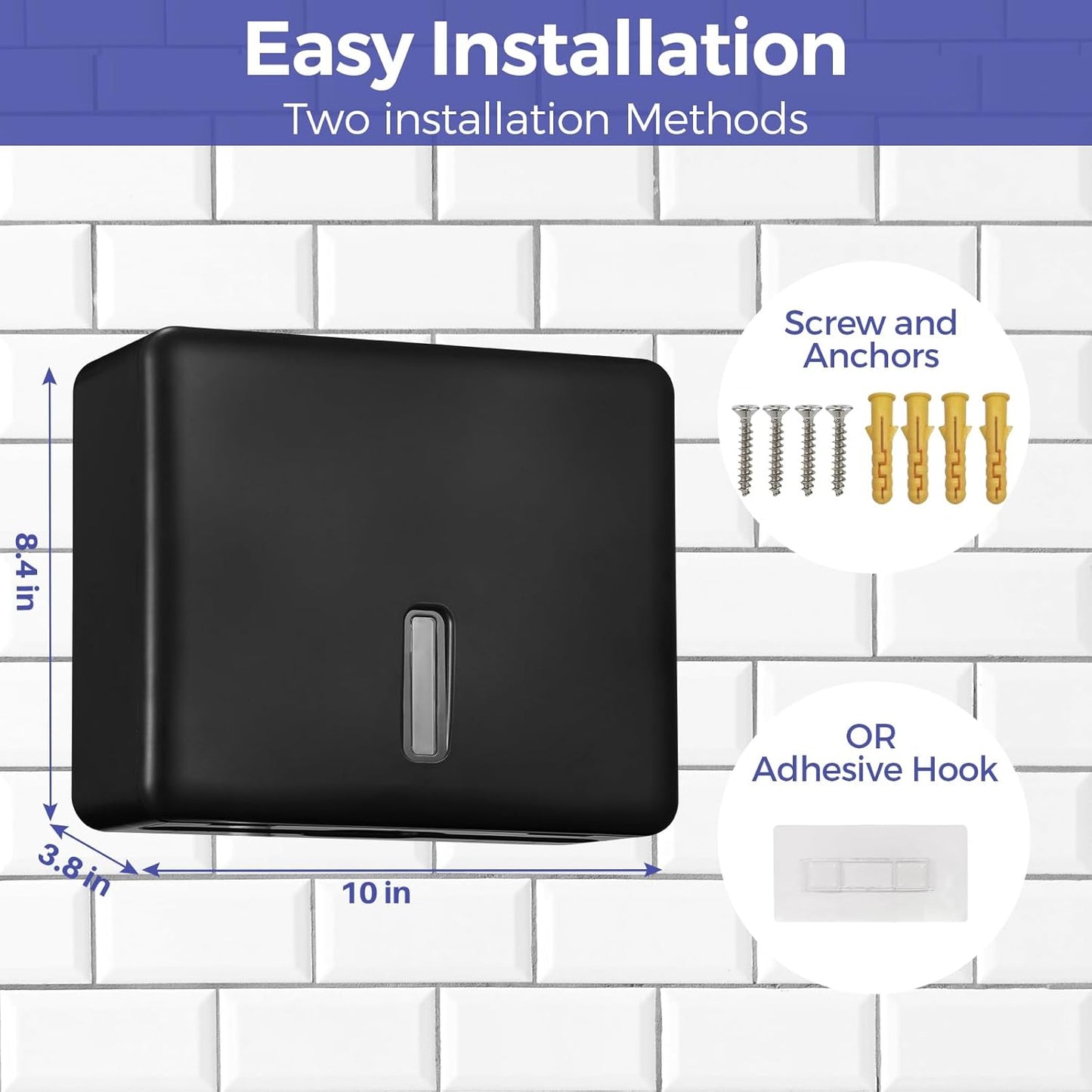 2-Pack Multifold Paper Towel Dispenser Wall Mount (Black) – Large Capacity C-Fold, Trifold, and Folded Commercial Hand Towel Holder for Bathroom & Restroom – Adhesive or Screw Mounted