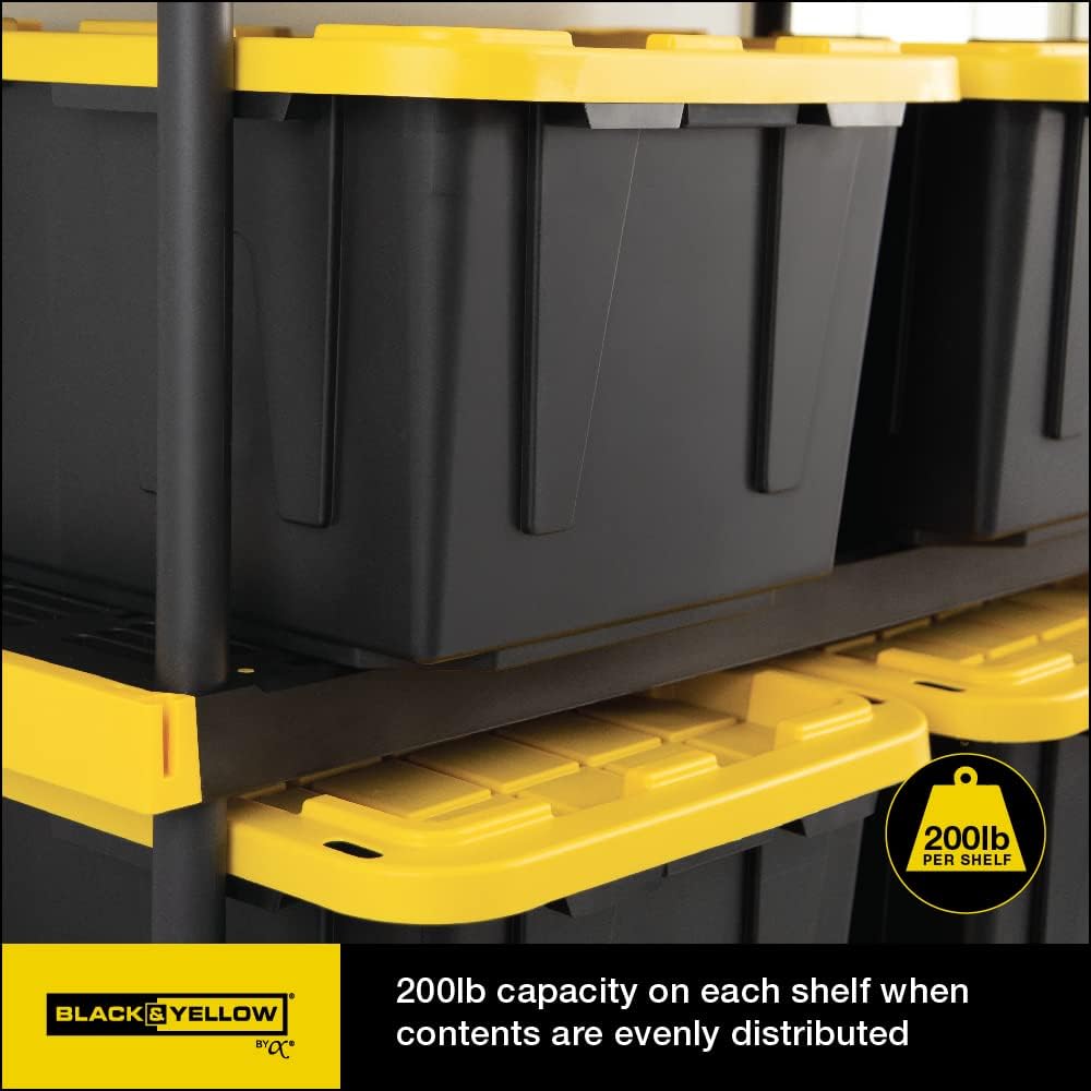 CX Black & Yellow, Shelving Unit and Heavy Duty Storage Containers, Extremely Durable (Shelf + 27 Gallon Container (4-Pack))