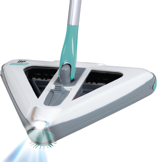 Zippi Sweeper Pro - 2025 New and Improved Lightweight Sweeper, Perfect for Short Carpet Hardwood and Tile, Triangular Design Allows for Sweeping in Corners, LED Light, 1 Hr Cleaning Time