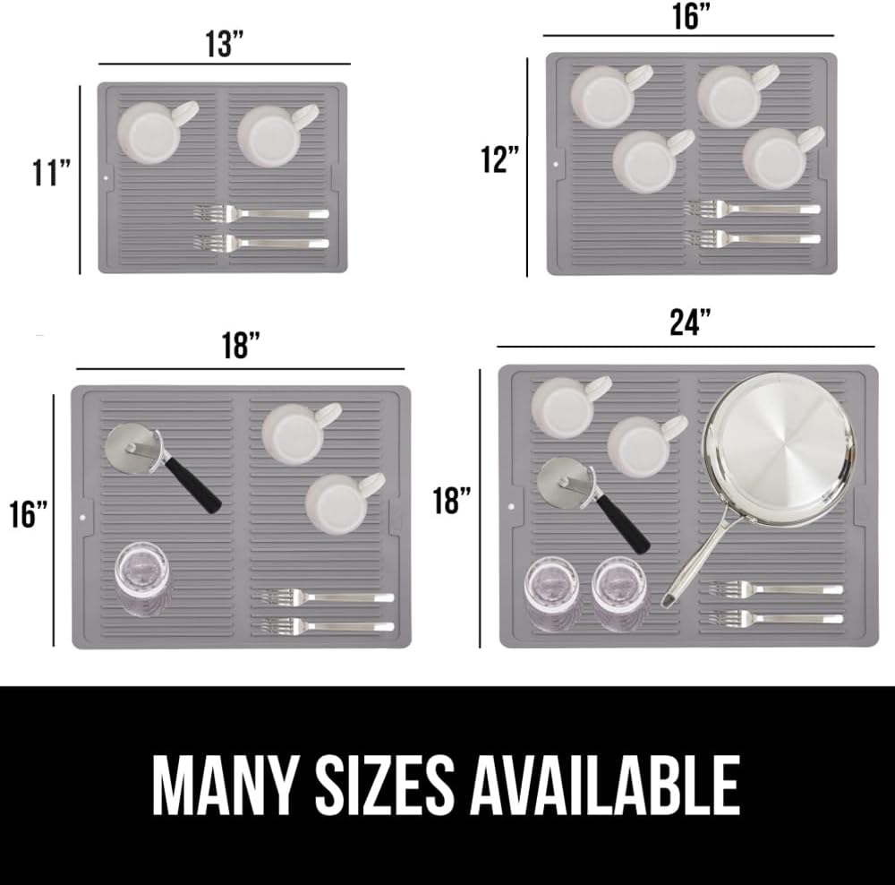 GORILLA GRIP 100% BPA-Free Patented Silicone Dish Drying Mat for Kitchen Counter, 18x24 Inch, Water Catching Ribbed Design, Easy Clean Waterproof Sink Liner, Heat Resistant, Fits Under Rack, Gray