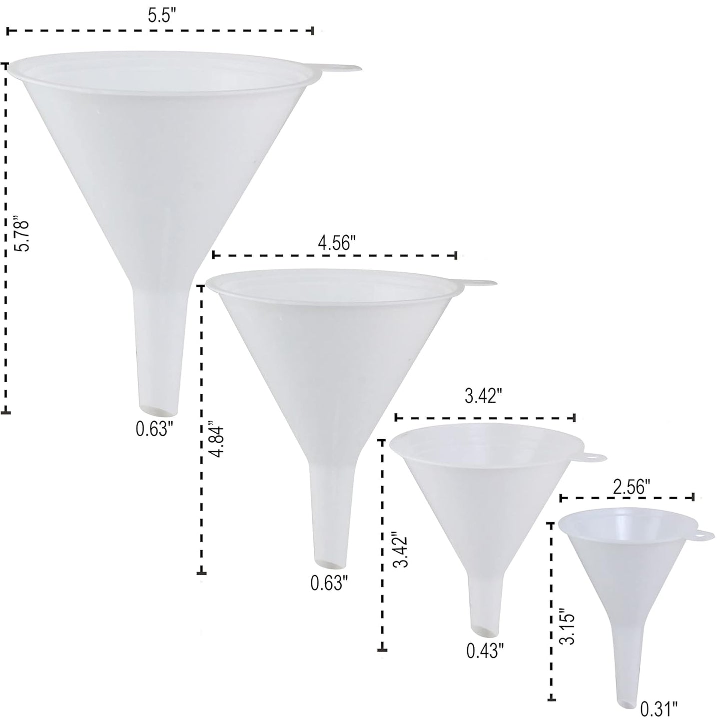 Plastic Funnel for Automotive Use - Kitchen Funnels for Filling Bottles, Jars, Containers or Lab Use - Oil Funnel for Gas, Car Oil, Lubricants and Fluids (White-4 Pack)