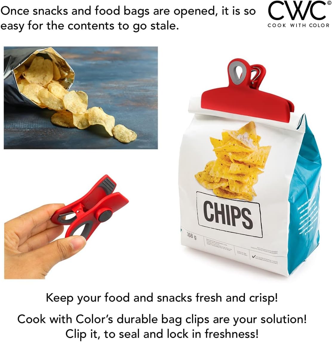 COOK WITH COLOR Bag Clips - Heavy Duty Chip Clip and Refrigerator Magnet Clips for Food Storage with Air Tight Seal Grip, Red, Pack of 8