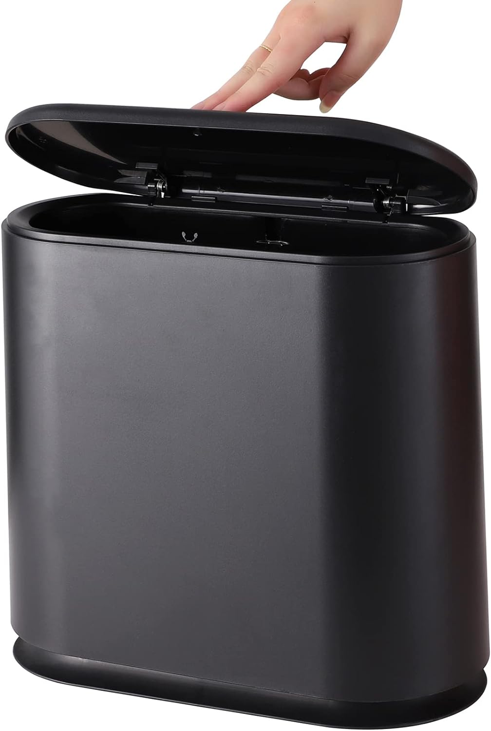Black Slim Bathroom Trash Can with Press Top Lid,12 Liter Small Thin Garbage Can,3.17 Gallon Narrow Dog Proof Plastic Waste Basket and Covered Wastebasket for Room,Bedroom,Kitchen,Toilet,Office,Dorm