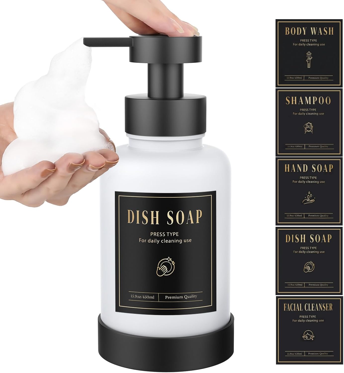 Luxspire Foaming Soap Dispenser, Glass Foam Pump Soap Dispenser, Non-Slip Hand Soap Container with 5 Waterproof Labels, 15 Oz Refillable Liquid Soap Holder for Bathroom & Kitchen, White, 1 Pack