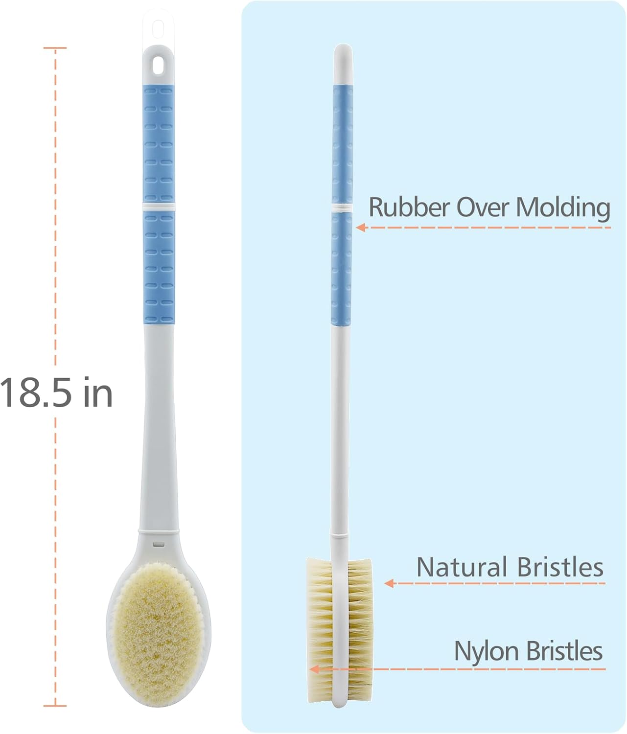 Shower Brush with Soft and Stiff Bristles,18.5" Long Handle Dual-Sided Back Scrubber Bath Brush Body Exfoliator for Wet or Dry Brushing (Long Handle)