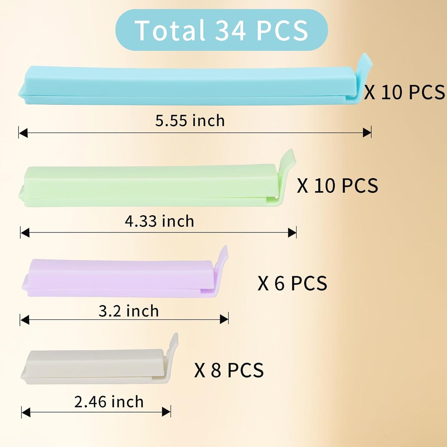 34 Packs Plastic Chip Clips for Food Storage - Resealable Sealing Clips in 4 Sizes (2.4"/3.2"/4.3"/5.5") - Light Colors