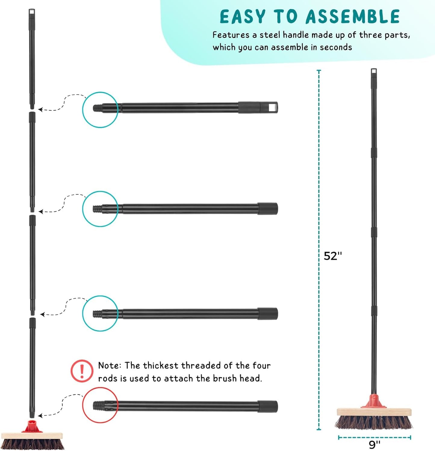 Deck Brush with Long Handle, 52'' Palmyra Bristle Scrub Broom for Boat, Patio, Garage, Concrete, Shower, Bathroom Cleaning, Outdoor Floor Scrubber