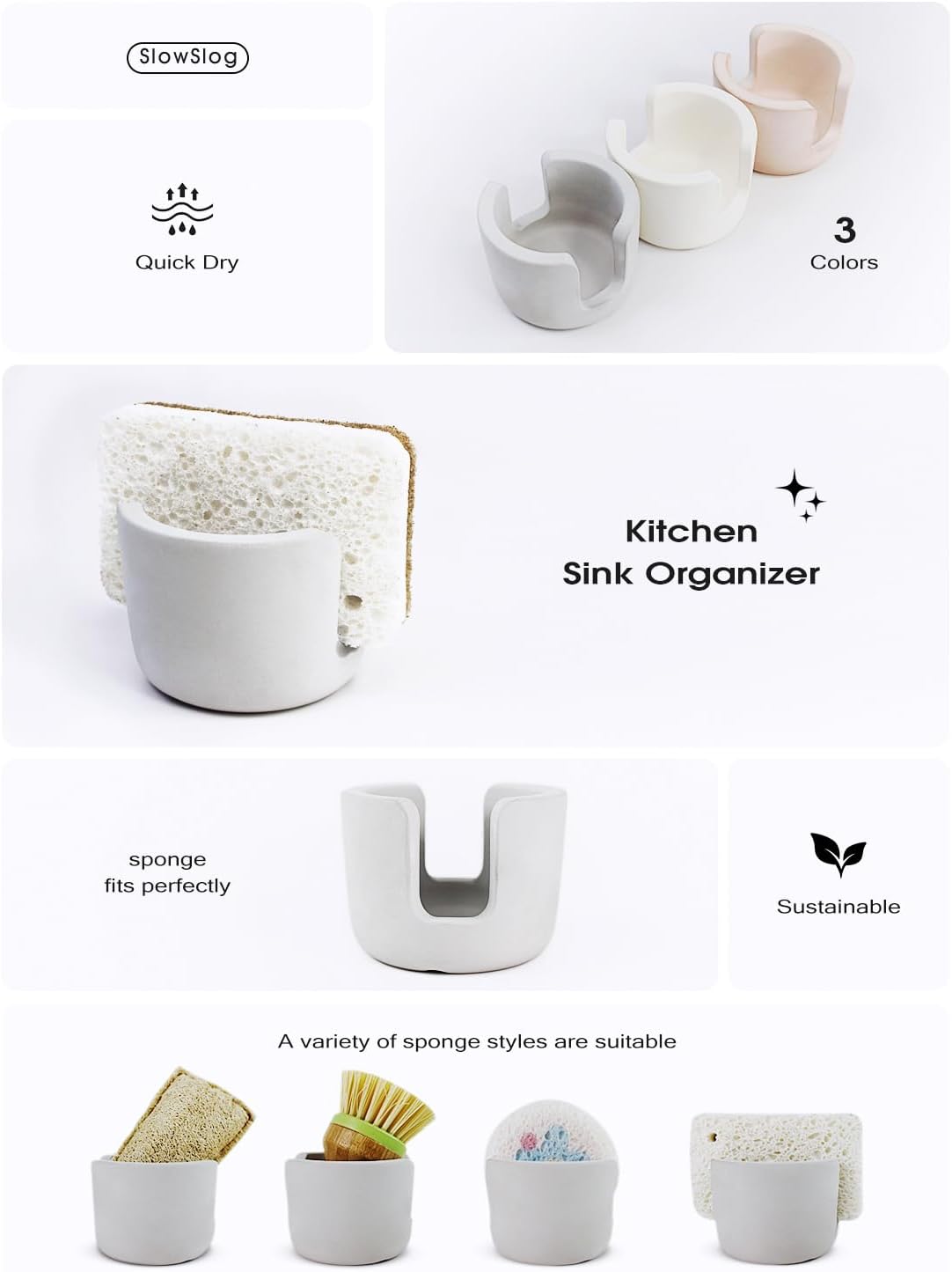 Diatomite Sponge Holder, Quick Dry Stone Sponge Stand for Kitchen Countertop Organizer, Diatomaceous Earth Sponge Stand, Absorbent Sponge Holder, Gray