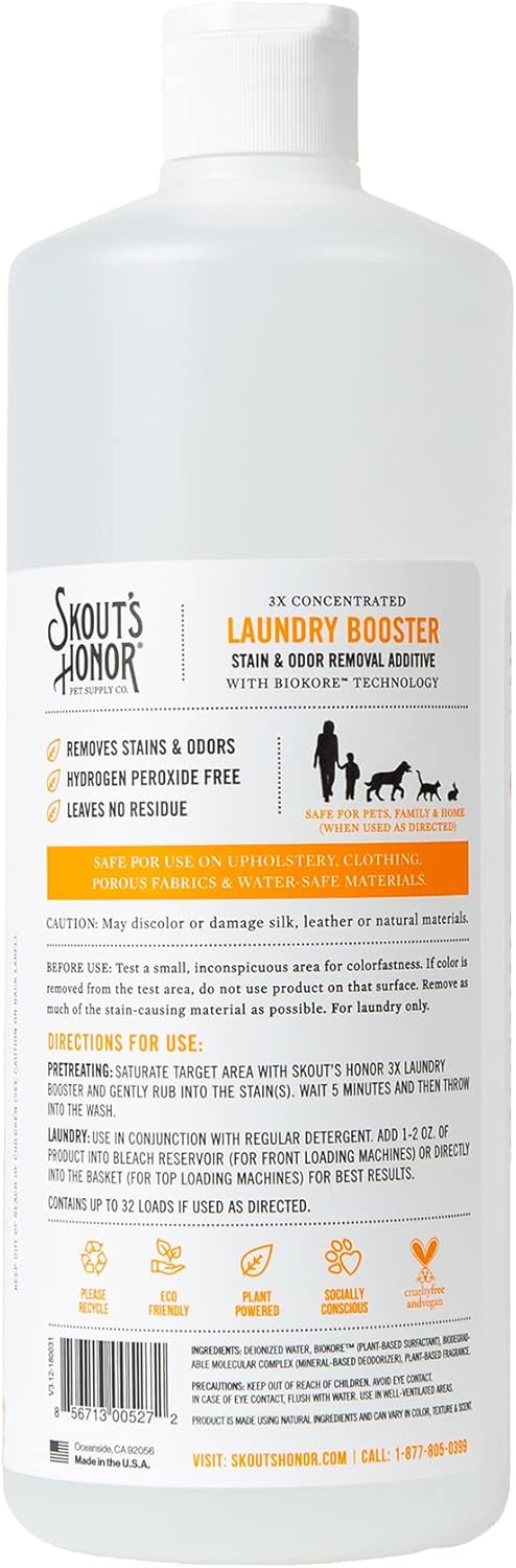 Skout's Honor Laundry Booster Stain & Odor Removal Additive - Plant-Powered Formula for Pet Bedding, Clothing, and Washable Pee Pads - Eco-Friendly & Cruelty-Free, 32 oz - 3 Pack