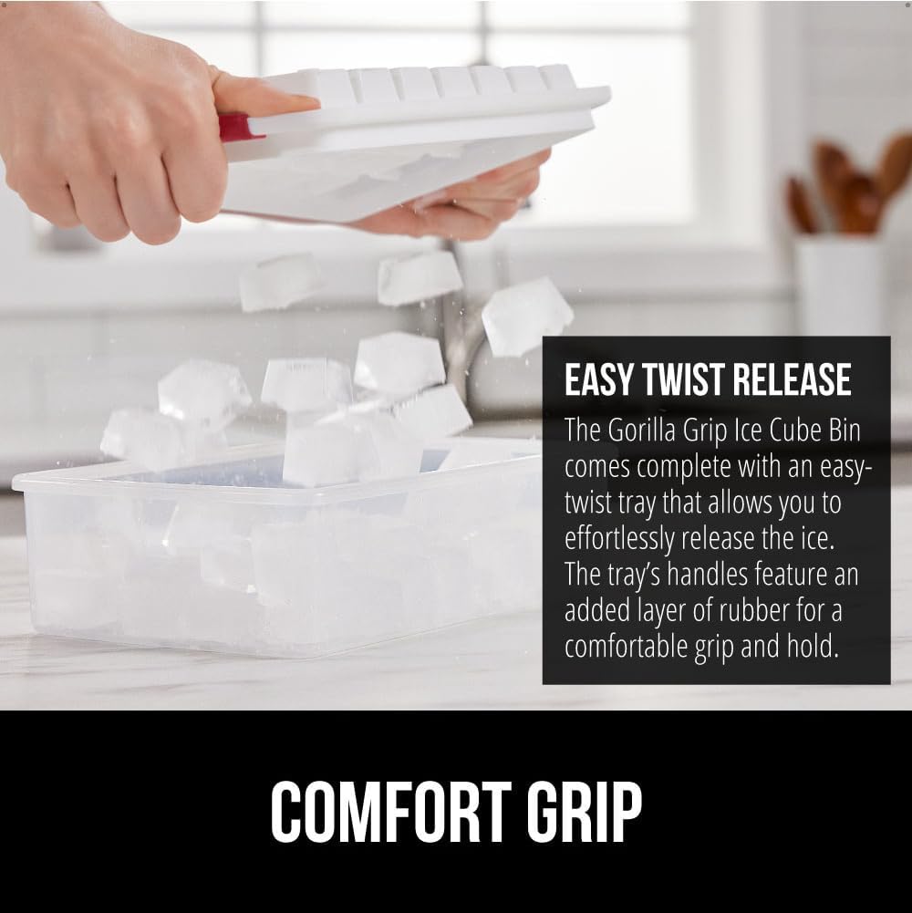 GORILLA GRIP Stackable Ice Cube Tray and Bucket Set for Freezer, Includes 2 Trays with Lid and Scooper, Easy Release, Makes 56 Cubes for Cocktail Soda Coffee, Leak Proof Bin Kit, Kitchen Tools, Red