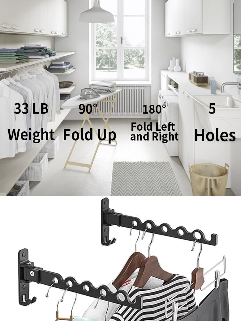 Dr.DJ Wall Hanger for Clothes, Coat Hanger Wall Mounted Matte Black Retractable Clothes Drying Organizer Rack Garment Hooks Aluminium Folding Indoor Wall Space Saver (2 Racks) Black