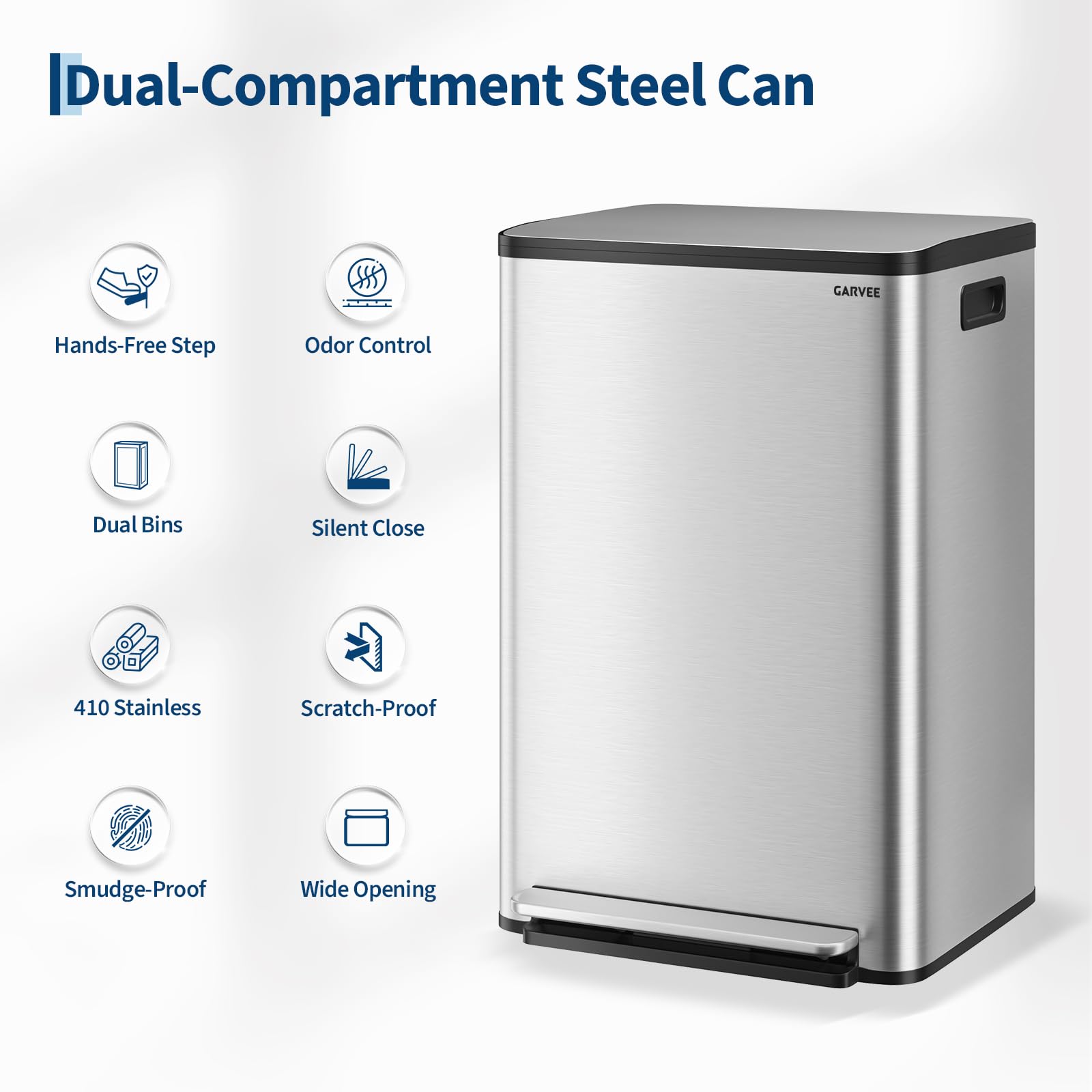 13 Gallon Trash Can Kitchen Garbage Bin with Removable Inner Buckets 50L Stainless Steel Step-on
