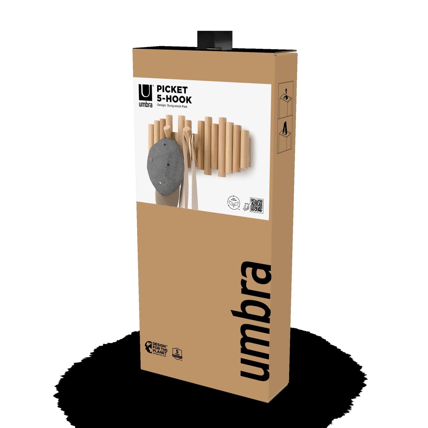 Umbra Picket Coat Rack, Wall Mount 5 Flip-Down Coat Hooks, Natural