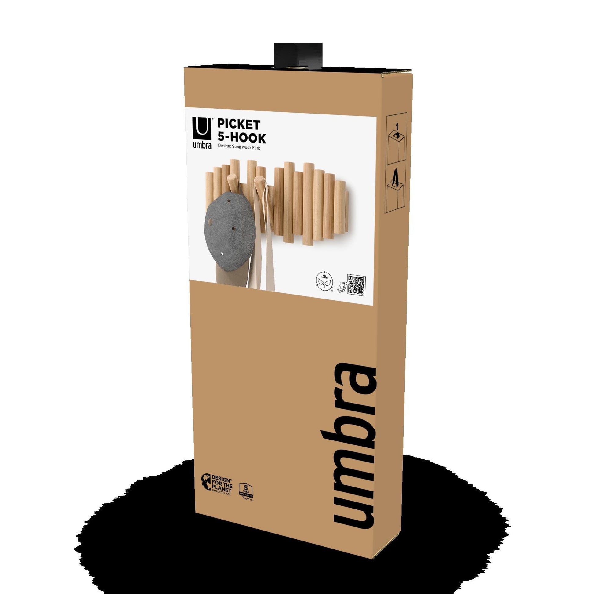 Umbra Picket Coat Rack, Wall Mount 5 Flip-Down Coat Hooks, Natural