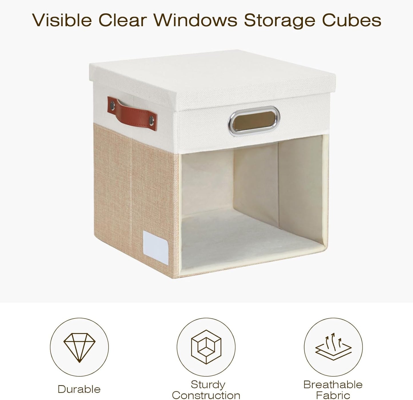 Fabric Storage Cubes with Clear Windows and Lids, 13'' Foldable Storage Bins with 3 Handles, Decorative Storage Boxes for Home, Bedroom, Closet, Office (Beige & White)