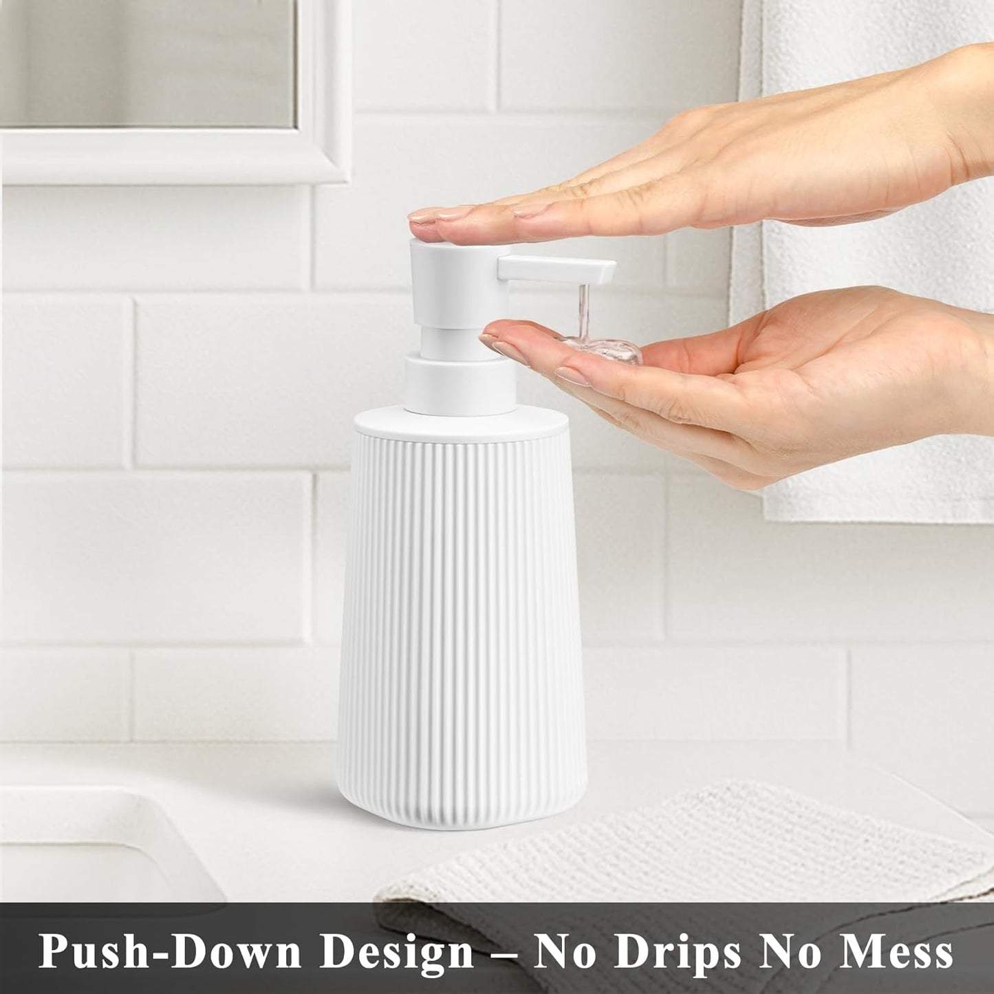 White Hand Soap Dispenser with No Rust Pump for Bathroom and Kitchen Countertops Refillable Striped Matte Plastic 8.5 oz