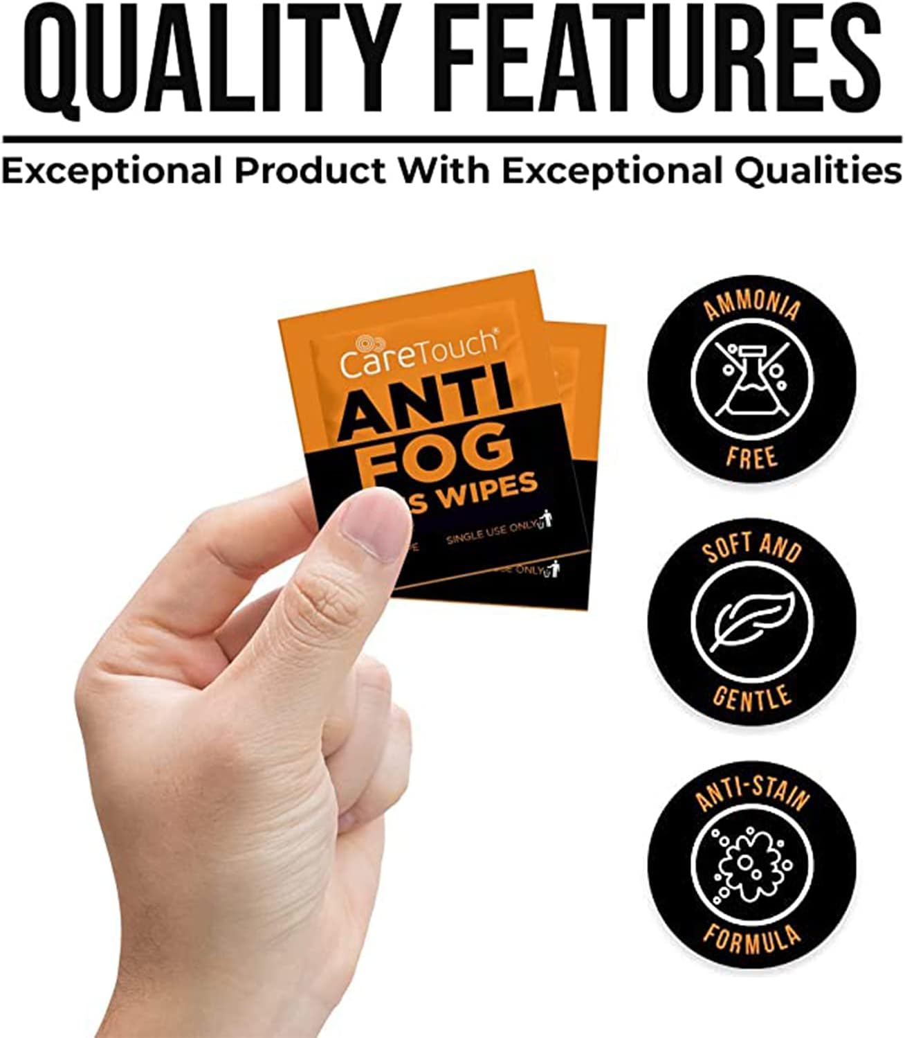 Care Touch Anti-Fog Wipes for Glasses - 100 Individually Wrapped Lenses Wipes