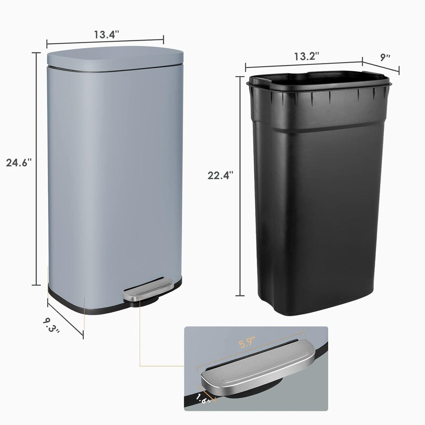 AthLike Trash Can, Stainless Steel Kitchen Garbage Can, Step Waste Bin with Hinged Lid and Removable Inner Bucket, Soft-Close, Dustbin for Bathroom Bedroom Living Room Home (Haze Blue, 8 Gal)