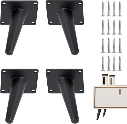4PCS 4 Inch Matte Black Tapered Angled Legs for Furniture, Metal Mid Century Mordern Feet, Heavy