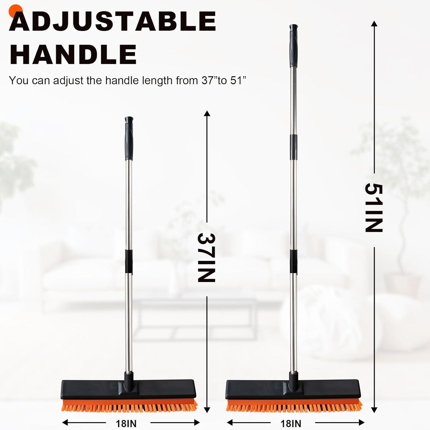 18" Push Broom Outdoor with Rubber Squeegee,Heavy Duty Broom Brush with Handle,Stiff Bristles for Patios and Deck Dirt Garage Warehouse Driveway Concrete Floor Cleaning Scrubbing