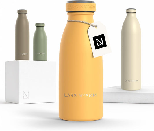 LARS NYSØM Stainless Steel Insulated Water Bottle 12oz 17oz 25oz 34oz 51oz | Insulated Thermo Flask for Hot and Cold Beverages | Leakproof Drinking Bottle (Mustard Yellow, 11.9oz)