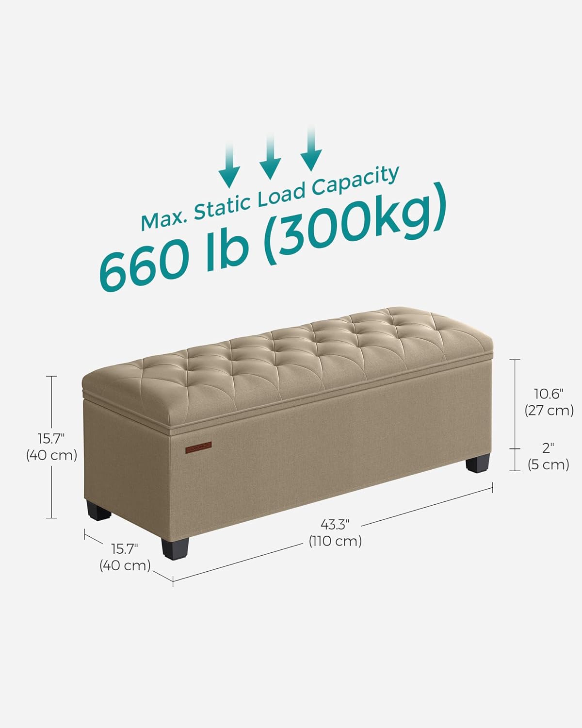 SONGMICS Storage Ottoman Bench, Foot Rest with Legs, 15.7 x 43.3 x 15.7 Inches, End of Bed Bench, Storage Chest, Load up to 660 lb, for Living Room, Bedroom, Entryway, Camel Brown ULSF088R01