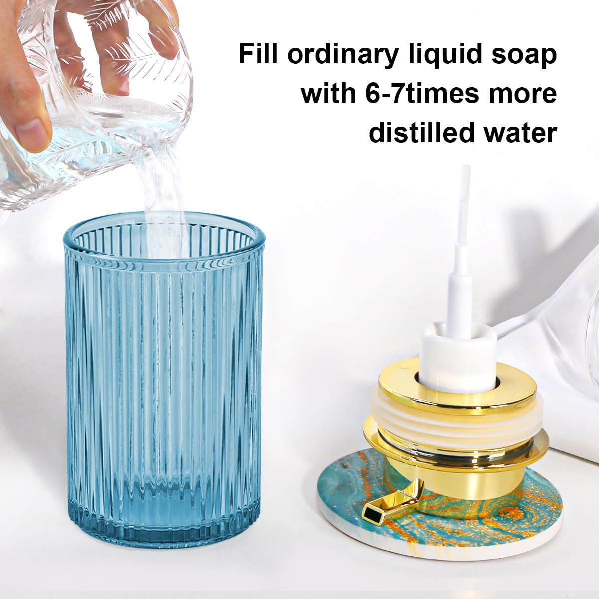Blue Foaming Soap Dispenser, 12 Oz Glass Foaming Hand Soap Dispenser with Gold Pump, Bathroom Refillable Liquid Lotion Container Pump Ribbed Bottle for Kitchen Bathroom Decor, 1pc