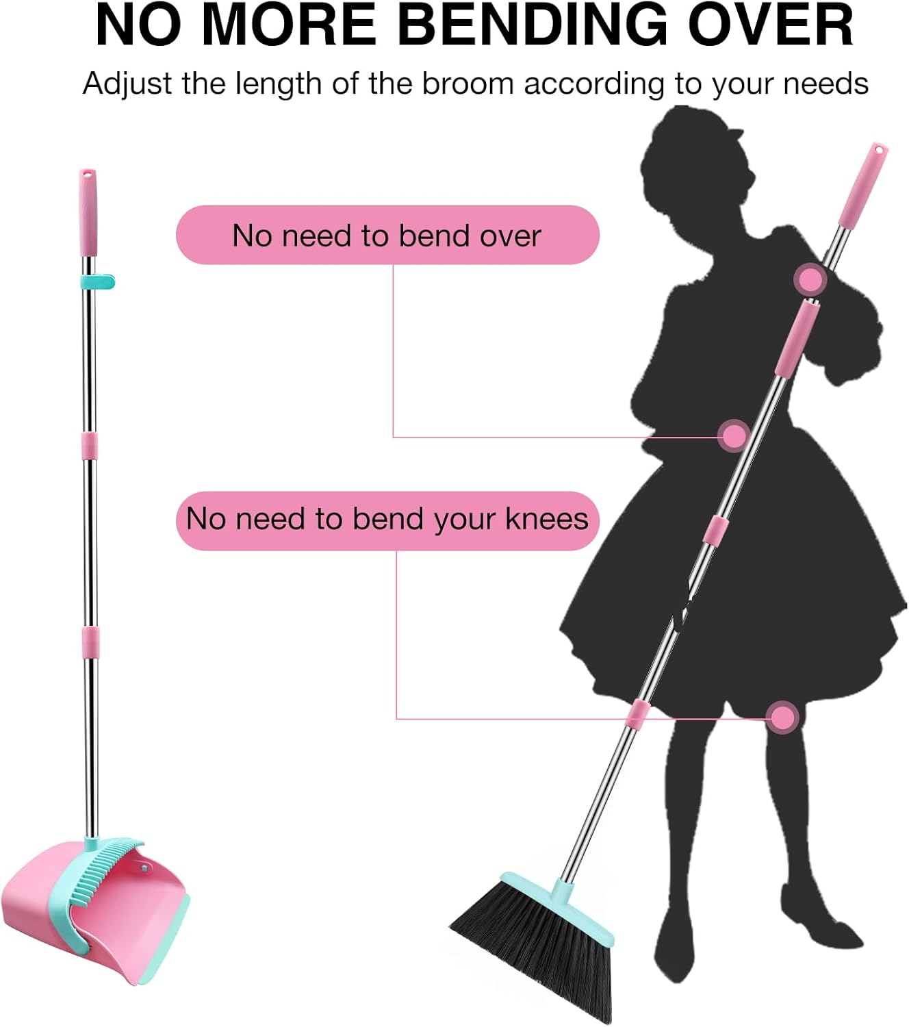 NACENA Broom and Dustpan Set, 52-in Long Adjustable Handle Broom Dustpan Combo with Dustpan Teeth to Automatically Clean Hair Suitable for Home Kitchen Office Hall Floor (Pink&Blue), 4 Pack