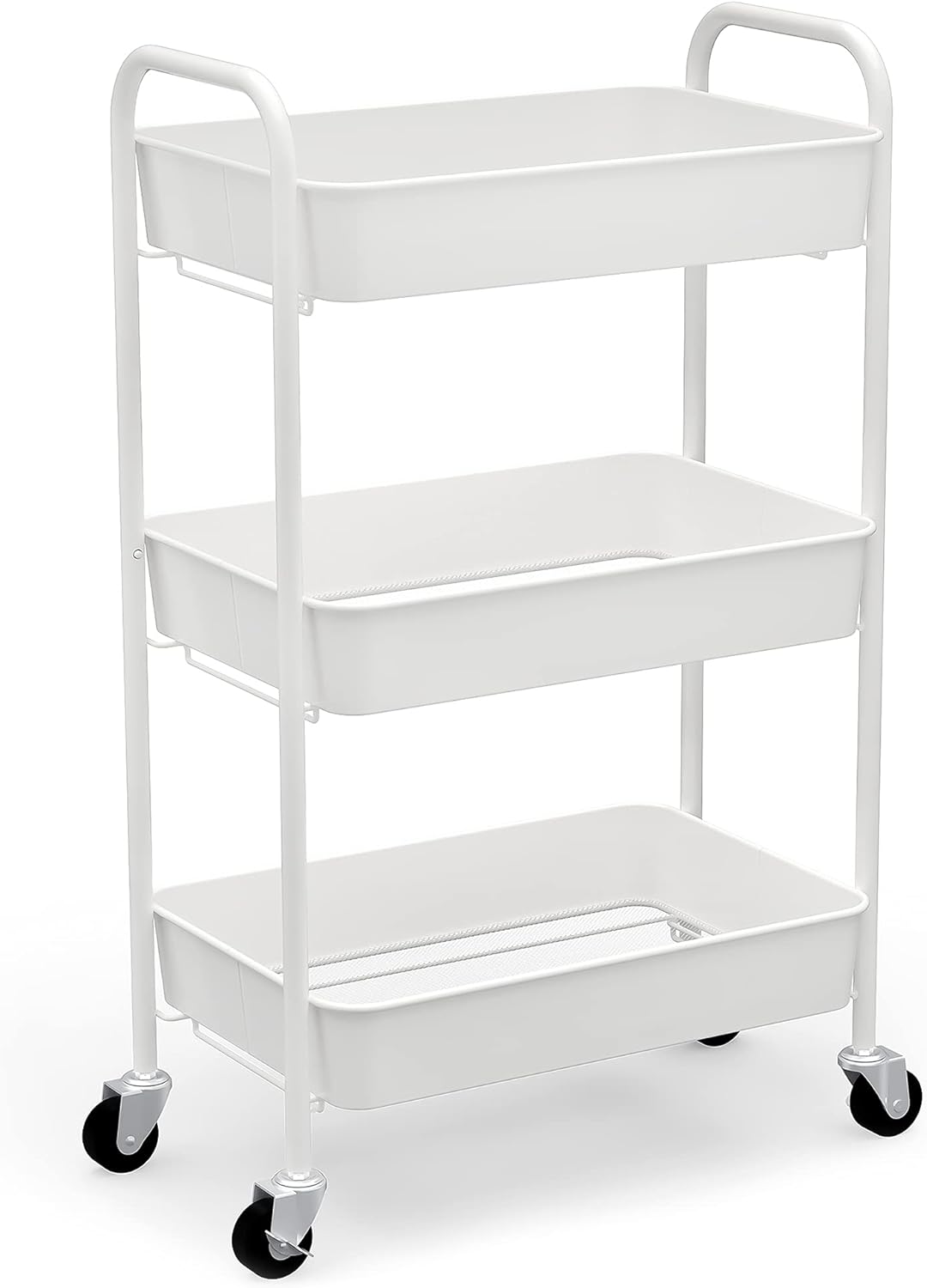 CAXXA 3-Tier Rolling Metal Storage Organizer - Mobile Utility Cart Kitchen Cart with Caster Wheels, White