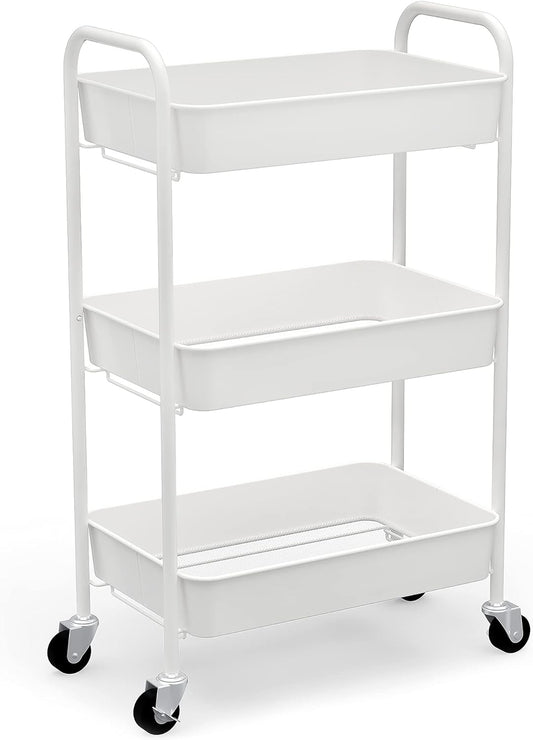 CAXXA 3-Tier Rolling Metal Storage Organizer - Mobile Utility Cart Kitchen Cart with Caster Wheels, White