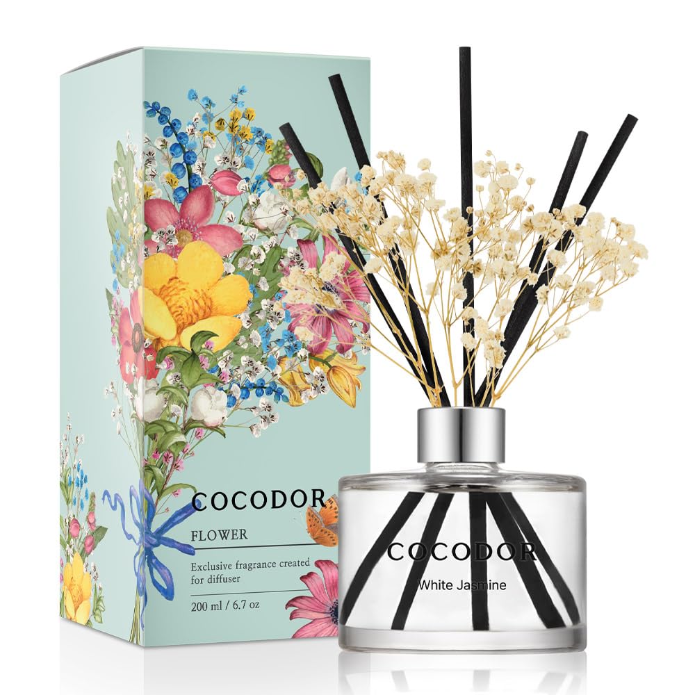COCODOR Flower Reed Diffuser Set / 6.7oz / White Jasmine/Scent Diffuser with Sticks Home Fragrance