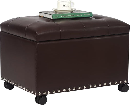 Joveco Leather Storage Ottoman with 360° Caster Wheels 24" Foot Rest Bench Rectangle Ottomans Stool