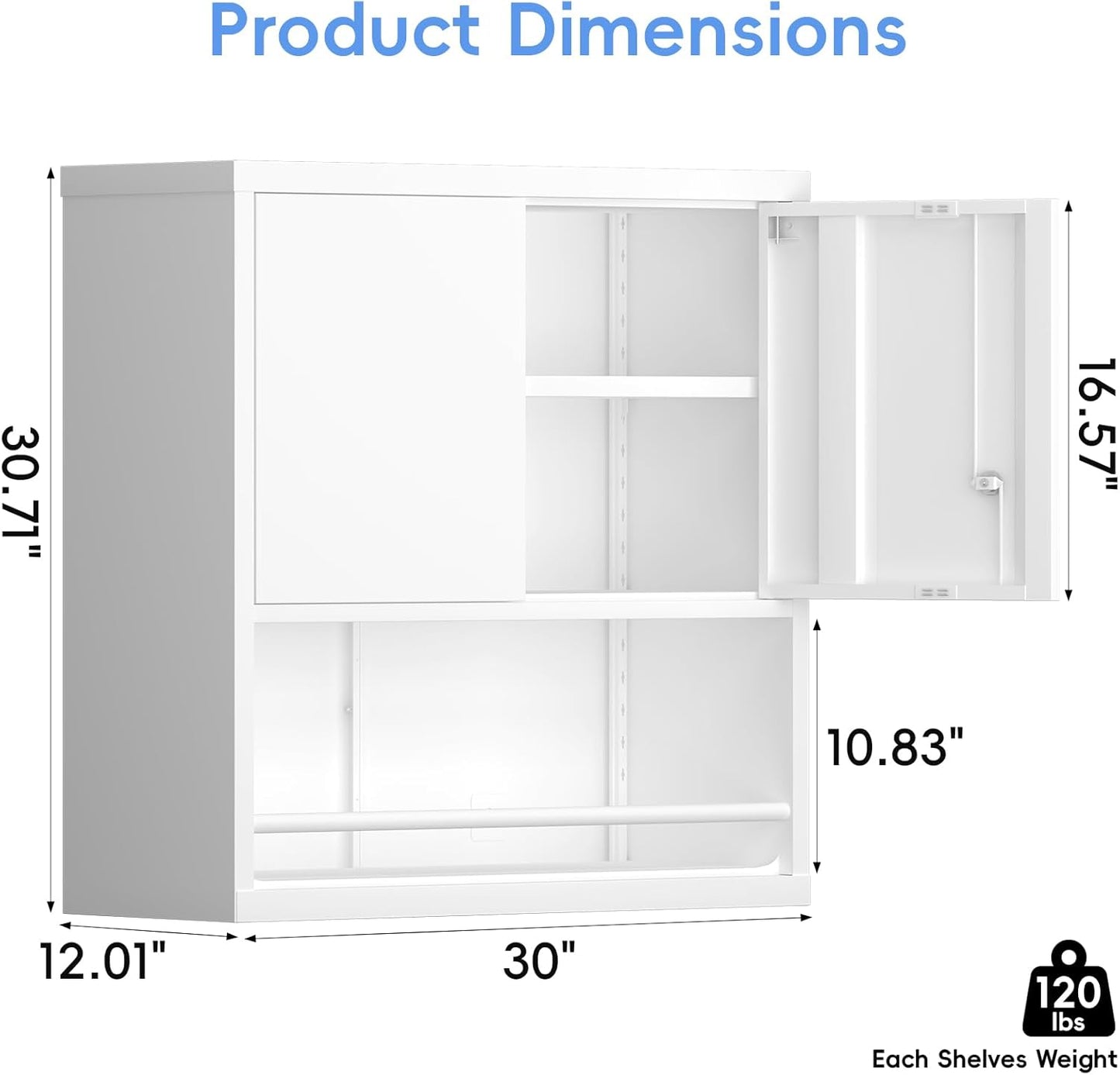 Metal Wall Storage Cabinet, Steel Storage Cabinets with Locking Doors and Shelves, Hanging Cabinet with Guard Bar, Ideal for Kitchen, Laundry, Home Office