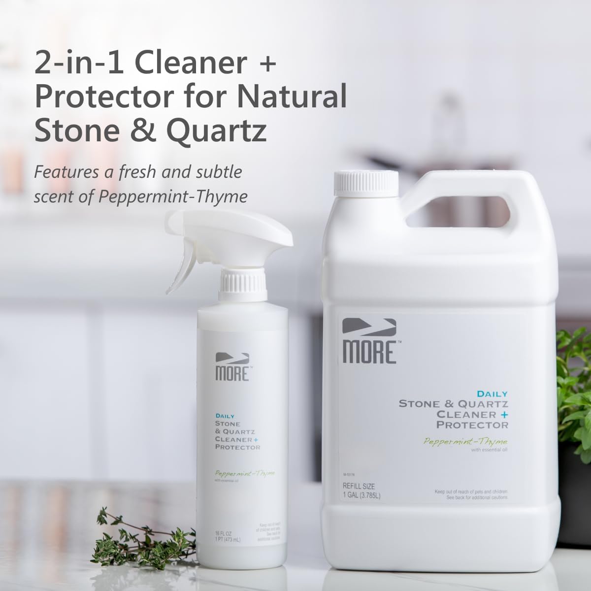 MORE Stone & Quartz Cleaner + Protector - Granite, Quartz & Marble Cleaner - For Kitchen & Bathroom Countertops - Water-Based Surface Spray - Peppermint-Thyme Essential Oil - Pint + Gallon Bundle