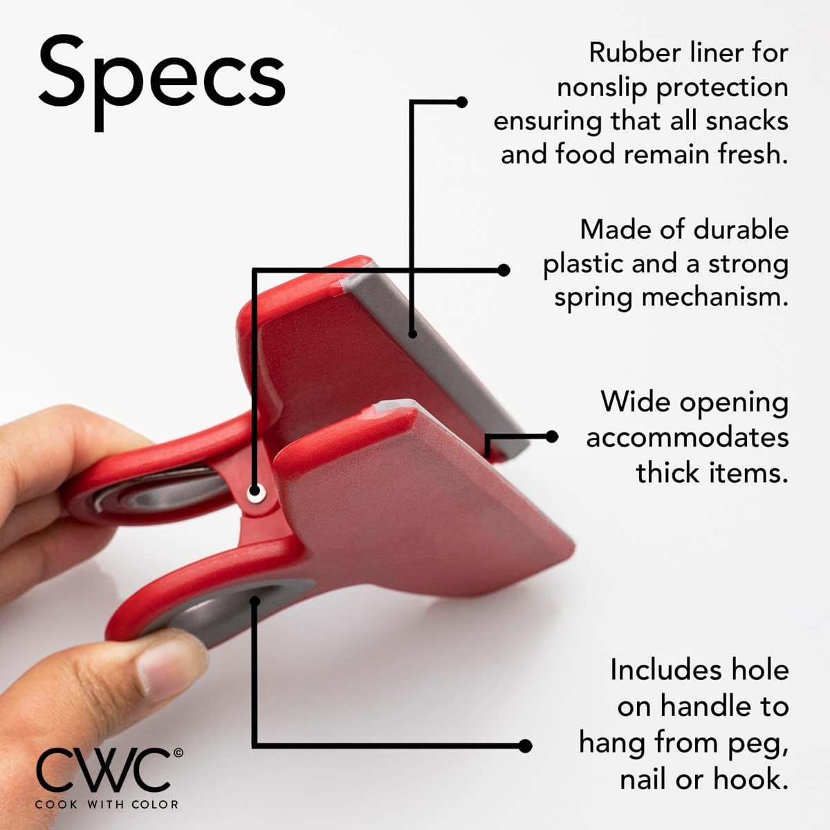 COOK WITH COLOR Bag Clips - Heavy Duty Chip Clip and Refrigerator Magnet Clips for Food Storage with Air Tight Seal Grip, Red, Pack of 4 Large Clips