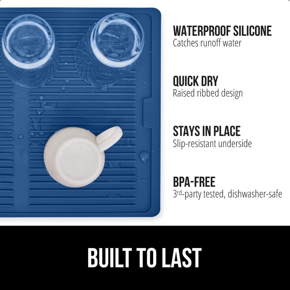 GORILLA GRIP 100% BPA-Free Patented Silicone Dish Drying Mat for Kitchen Counter, Water Catching Ribbed Design, Easy Clean Waterproof Sink Liner, Heat Resistant, Fits Under Rack, 13x11 Inch, Blue